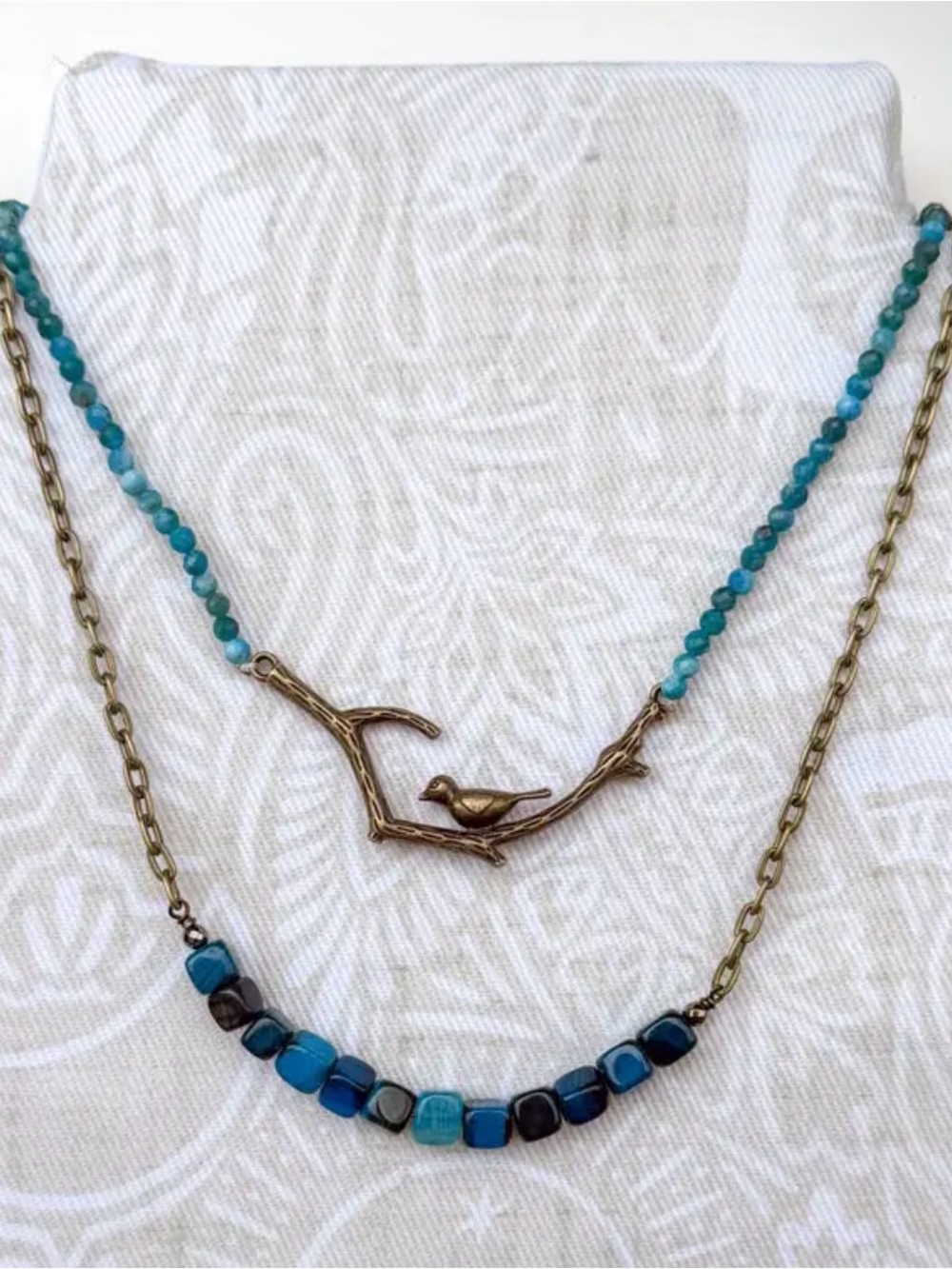 Braelyn Blue Fire Agate Double-Layer Necklace with Antique Gold Bird Accent